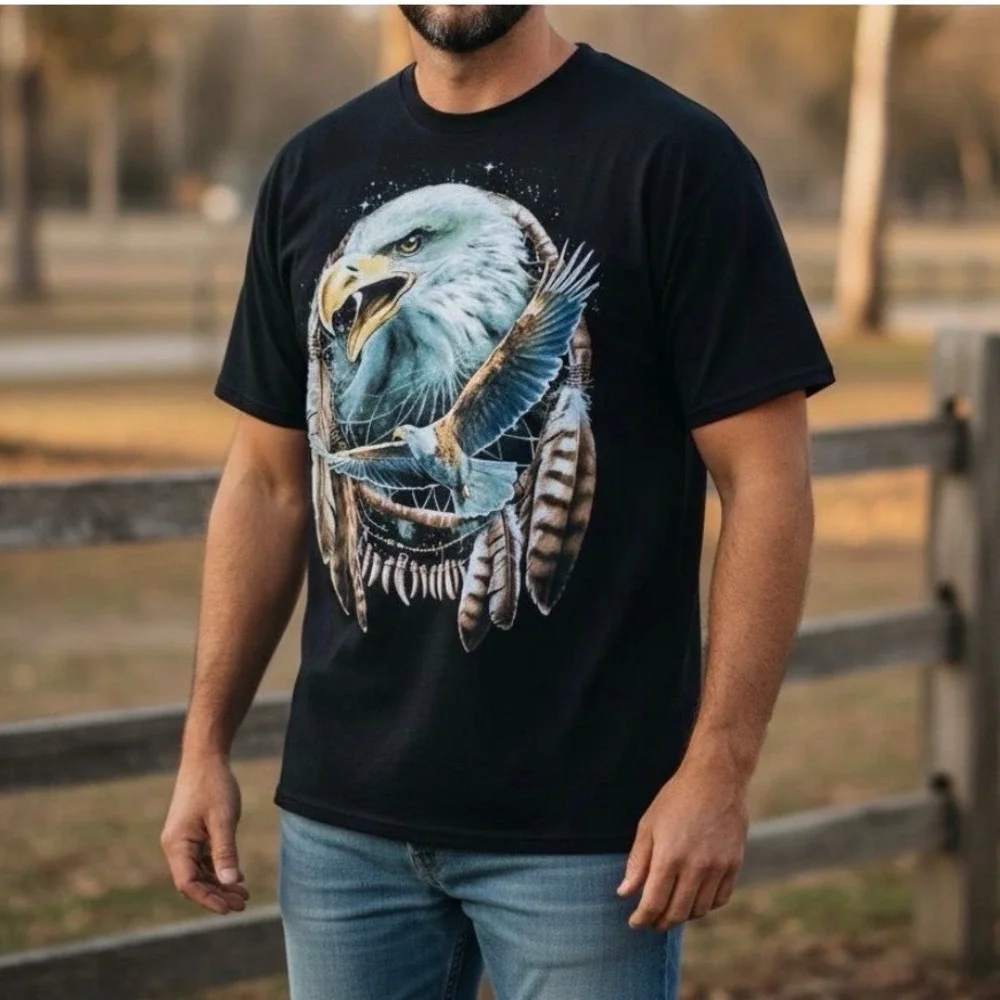 DOM Vntg‎ Eagle Dreamcatcher Graphic T Shirt Men's 2XL Black Cotton Short Sleeve